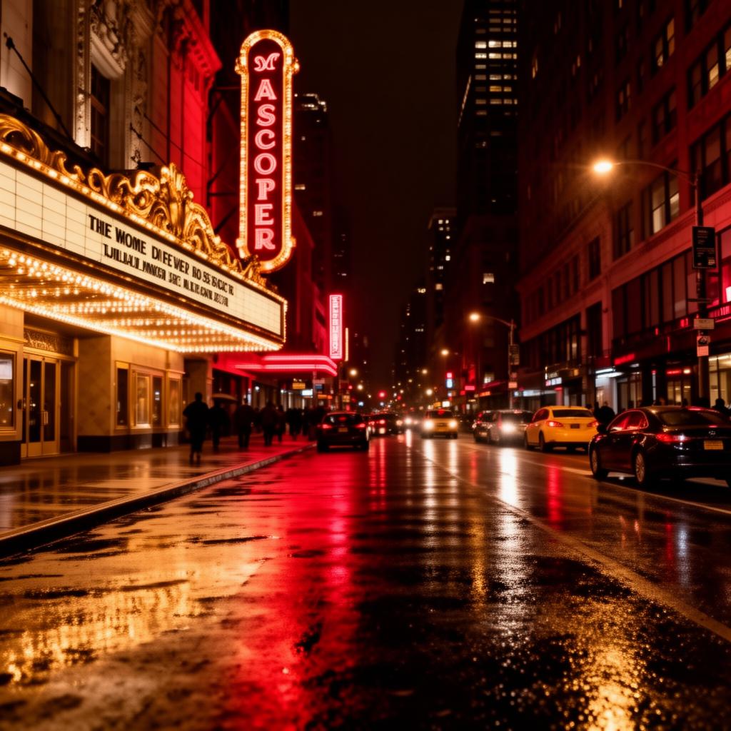 A theatre district glowing after dark